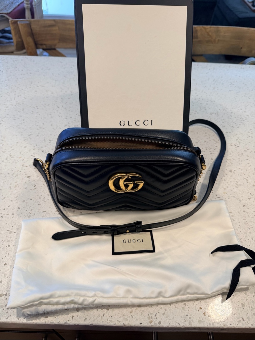 Gucci Black Metalasse Small Marmont Crossbody with Gold GG Hardware